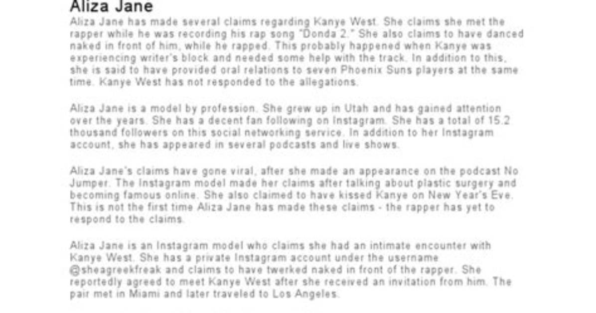 Who Is Aliza Jane? Kanye West Fling Social Media Photos Before Surgery